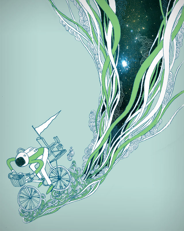 Hand drawn illustration of a bicycle rider in an astronaut costume, with trails of star behind them.