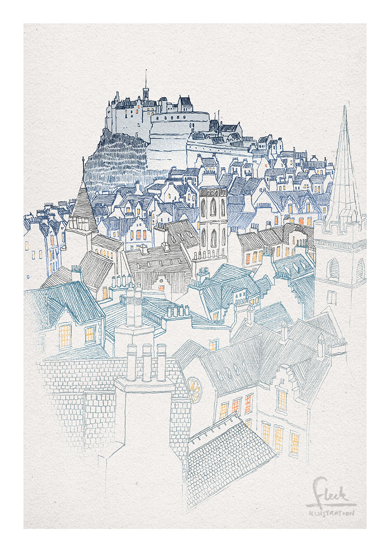 illustration looking out over rooftops in Edinburgh's old town, towards Edinburgh castle.