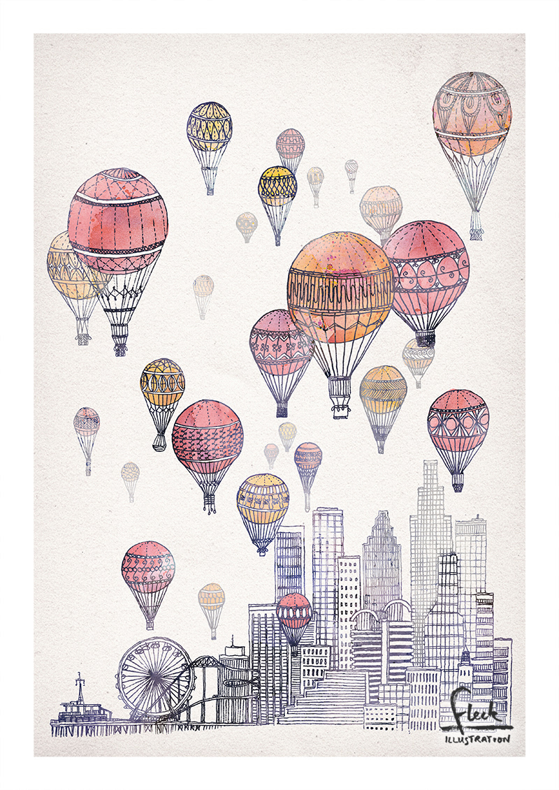 Detailed illustration with watercolour, of hot air balloons over Santa Monica