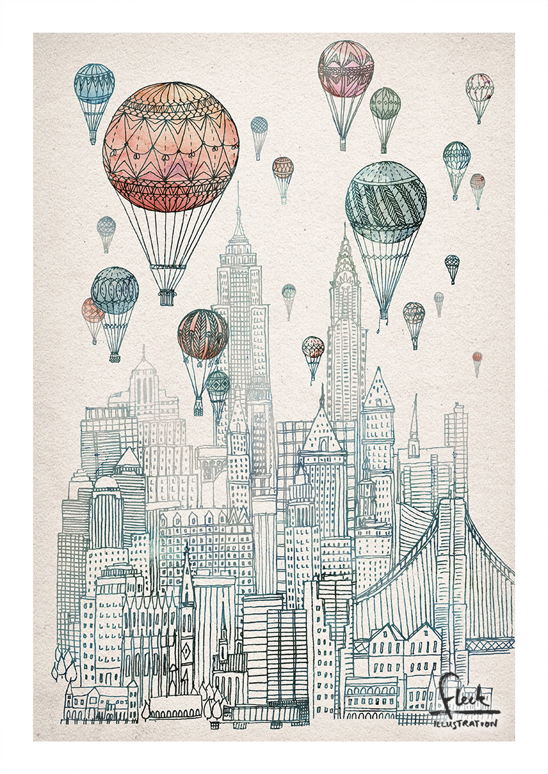 Detailed illustration with watercolour, of hot air balloons over New York City