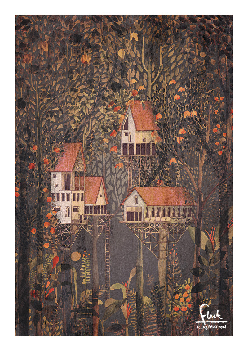 colourful and magical illustration of an enchanted forest in autumn, with treehouses hidden in the fall leaves