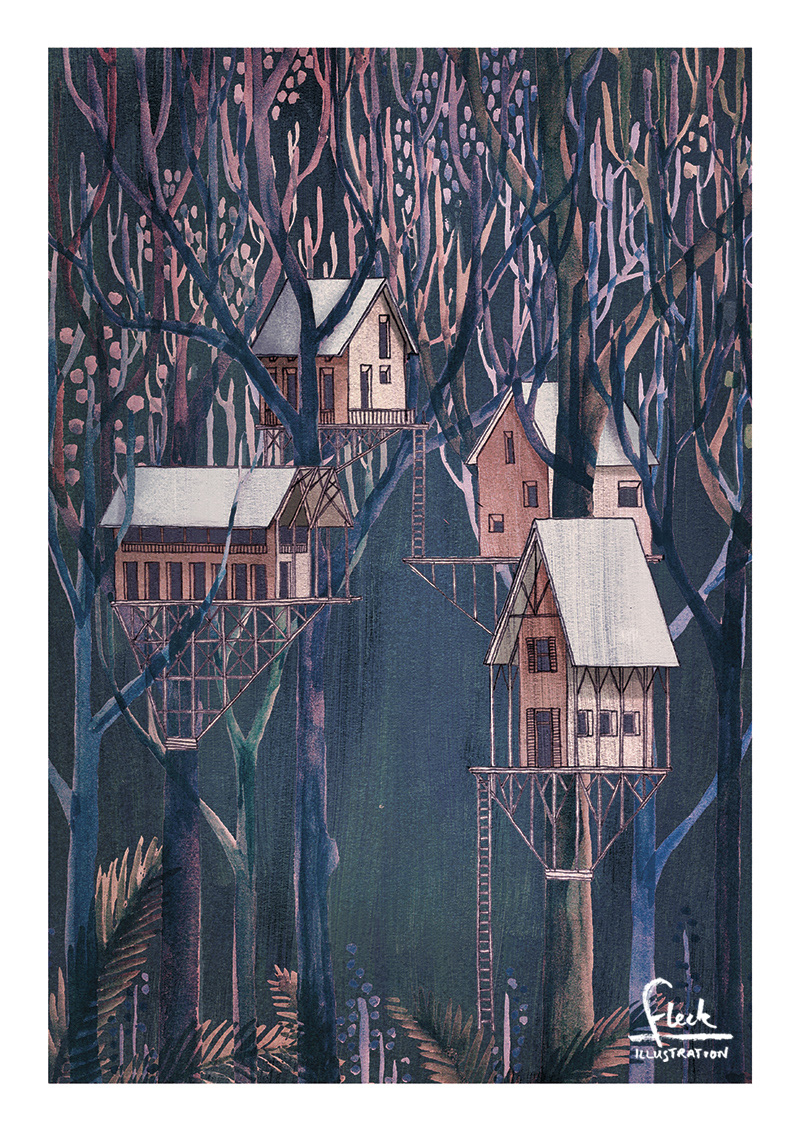 Magical illustration of an enchanted forest in winter, with treehouses hidden in the trees