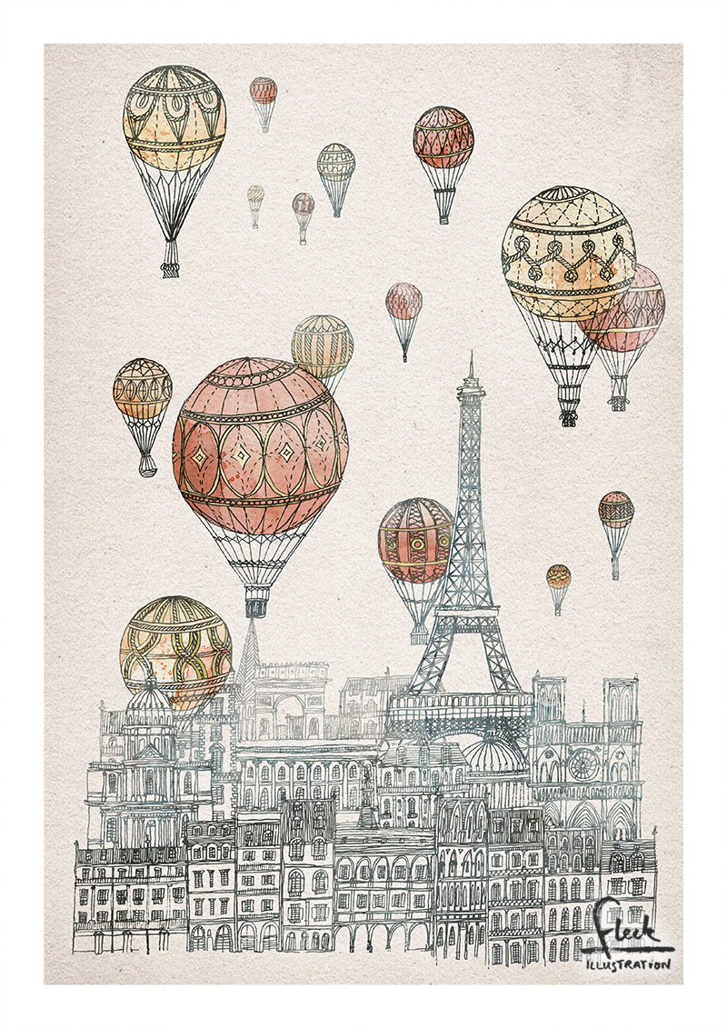 Detailed illustration with watercolour, of hot air balloons over the city of Paris