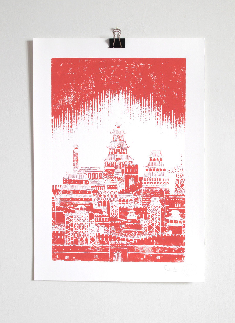 Brightly coloured wooden block print of an imaginary city, inspired by the mythology of the planet Mars
