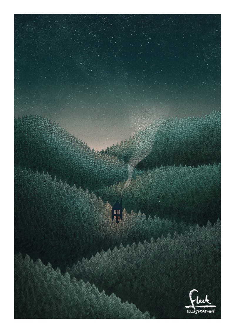 Forest mountainside illustration, with a lone wood cabin under a starry night sky.