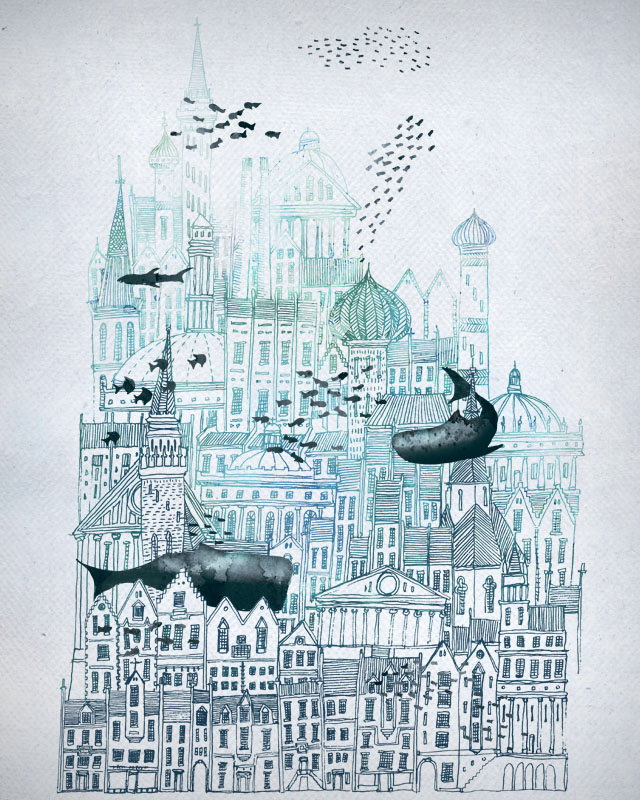 watercolour and line illustration of an underwater city