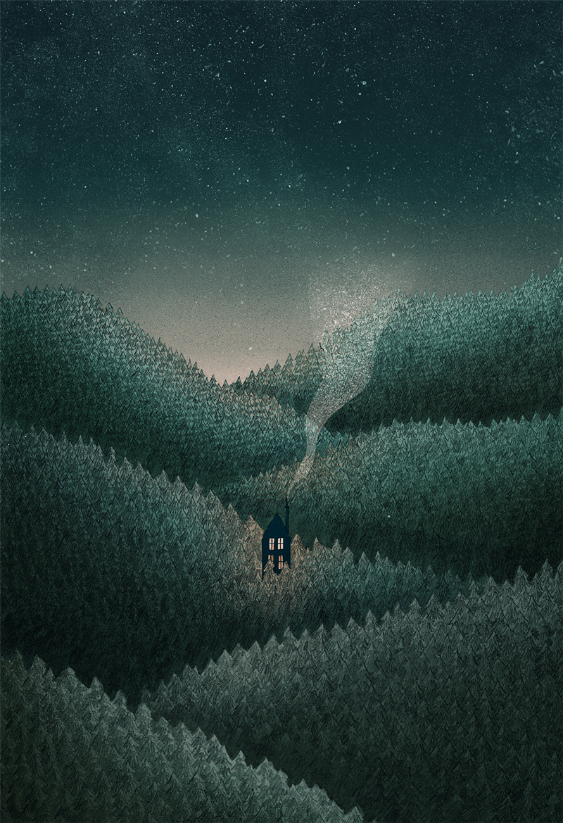 Animated version of hand drawn illustration, featuring a forest hillside at night with a lone cabin and starry sky