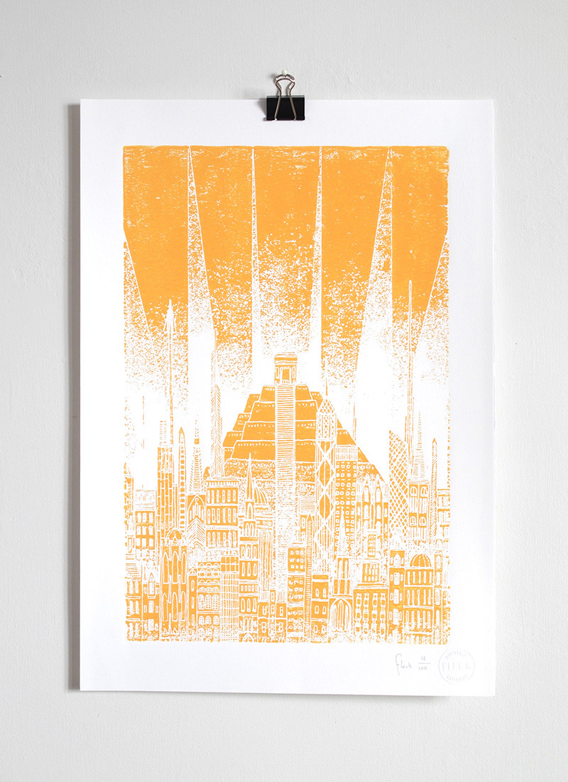 Brightly coloured wooden block print of an imaginary city, inspired by the mythology of the Sun
