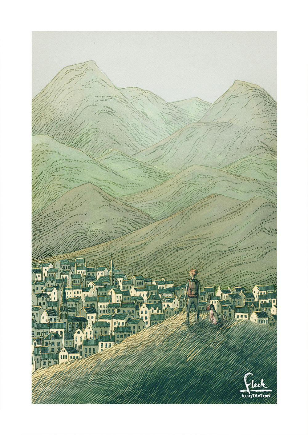 Illustration of a town and mountain landscape with a figure and dog looking out. Green hazy colours, and hand drawn details.