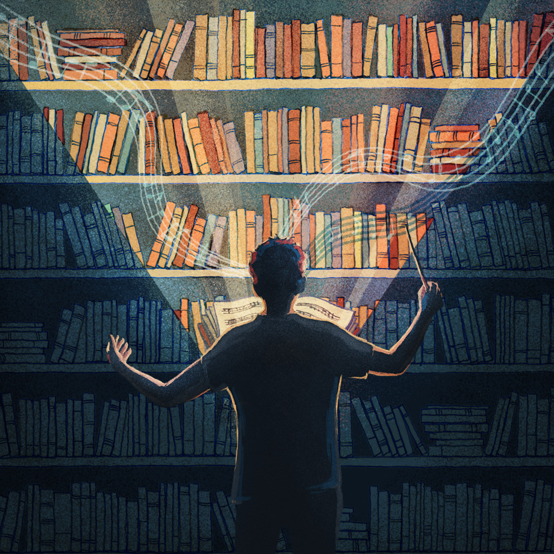 Artwork detail with colourful books and music conductor
