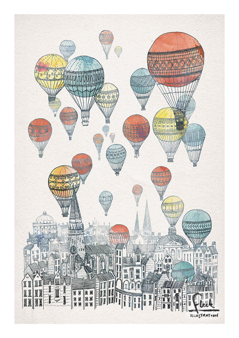 detailed illustration with watercolour, of hot air balloons over the city of Edinburgh