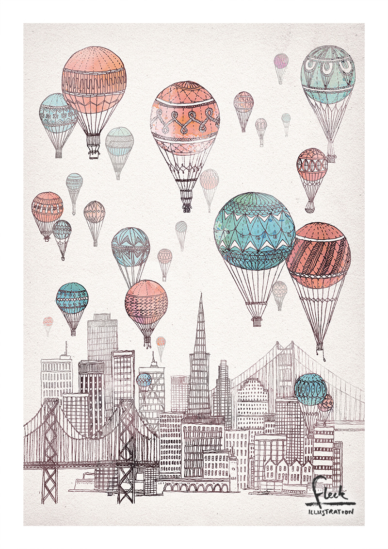 Detailed illustration with watercolour, of hot air balloons over the city of San Francisco