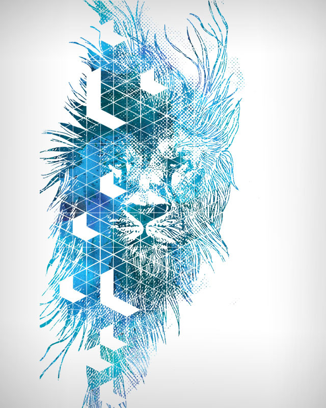 Graphic illustration of a lion made from geometric shapes and textures.