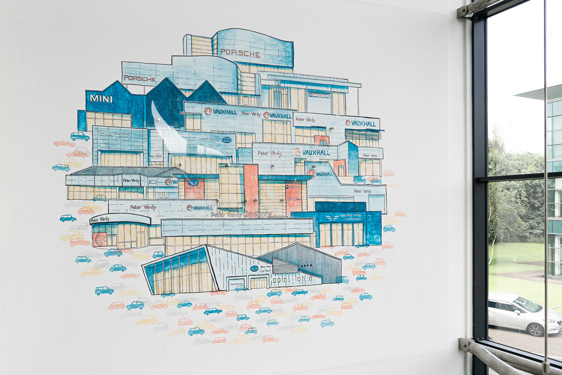 Mural on atrium wall of Peter Vardy Central offices.