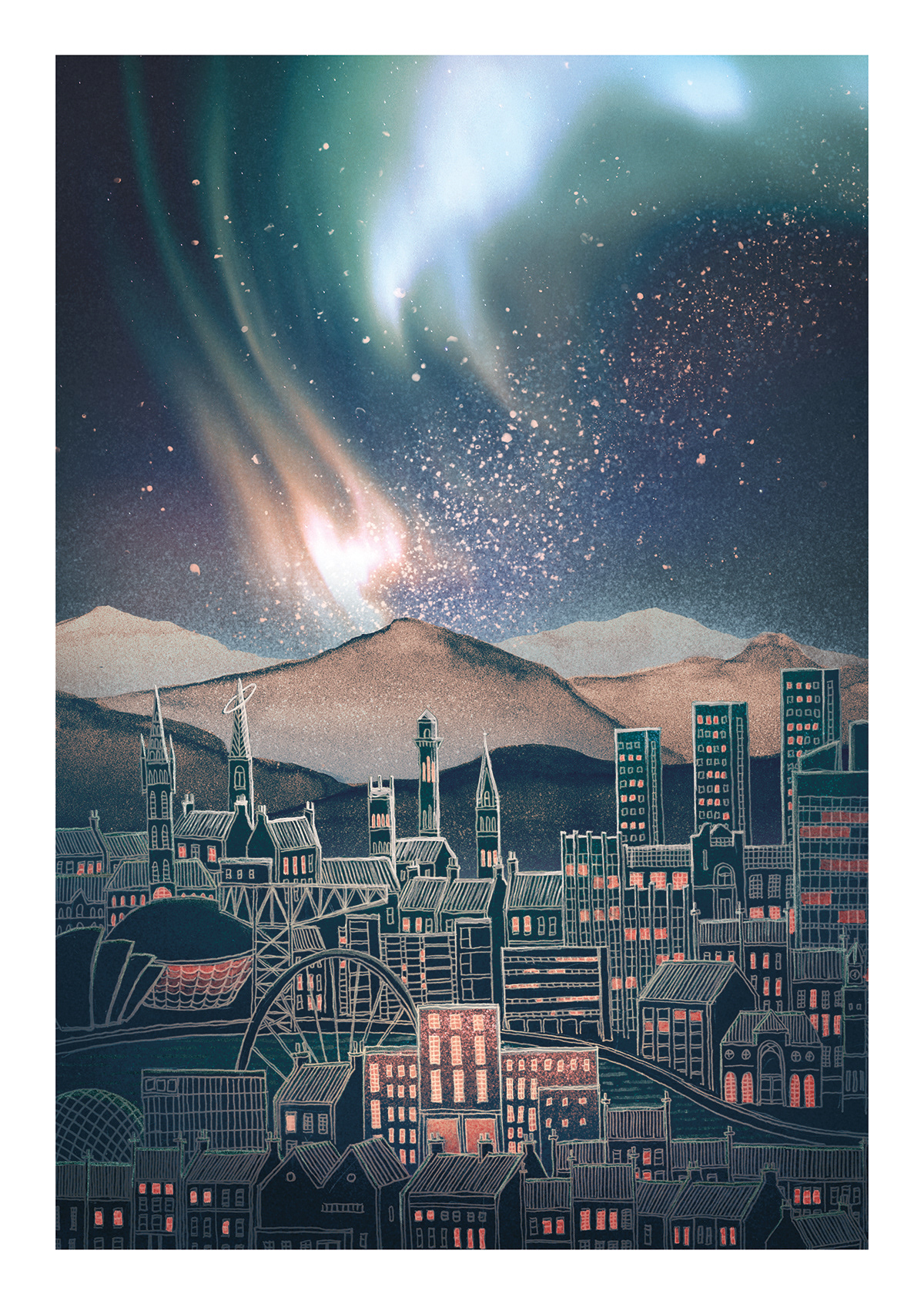 Original illustration for Blazing Griffin, featuring Glasgow and the Blazing Griffin offices under a dramatic norther lights filled sky.