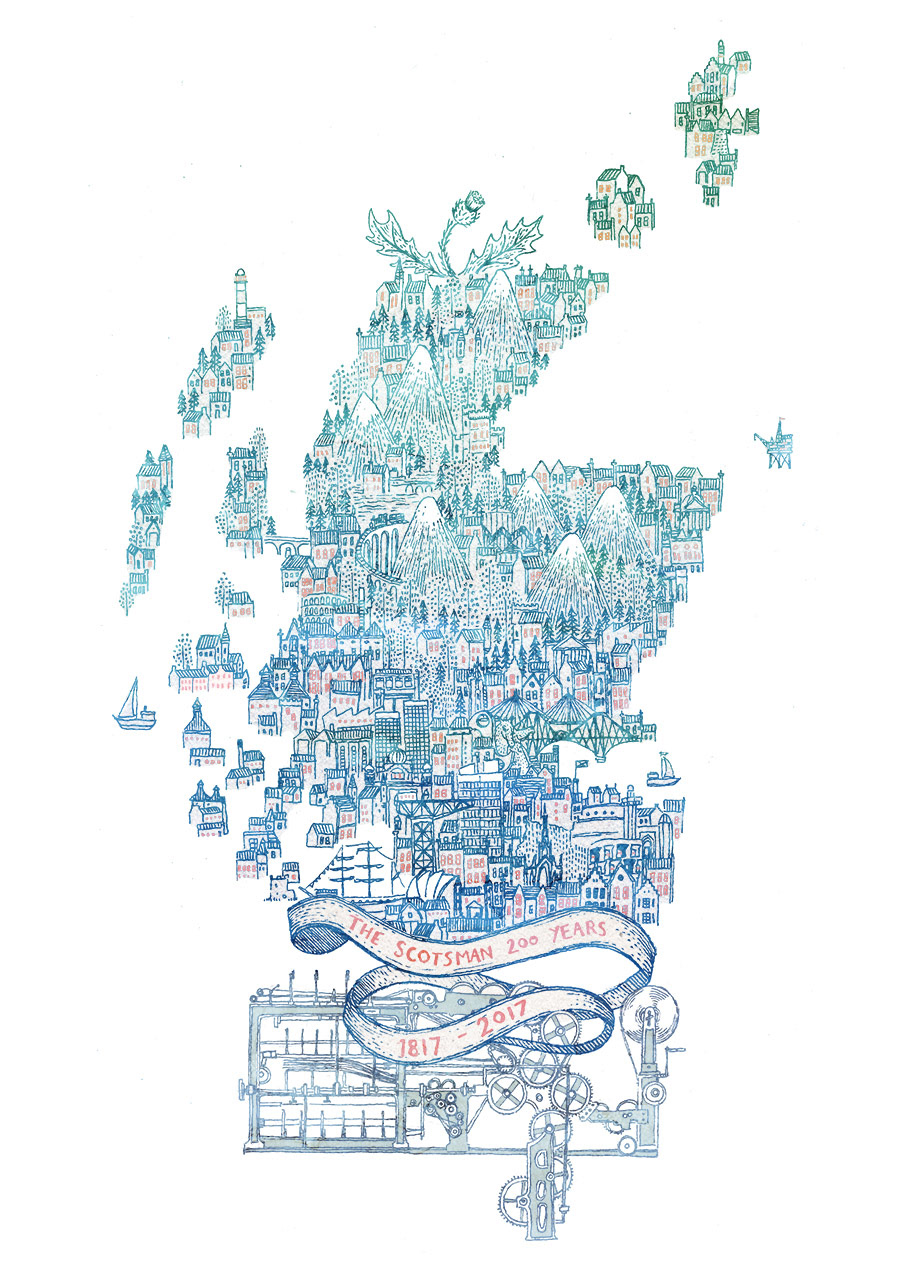 Full illustration for the Scotsman newspaper, map of Scotland filled with hand drawn details