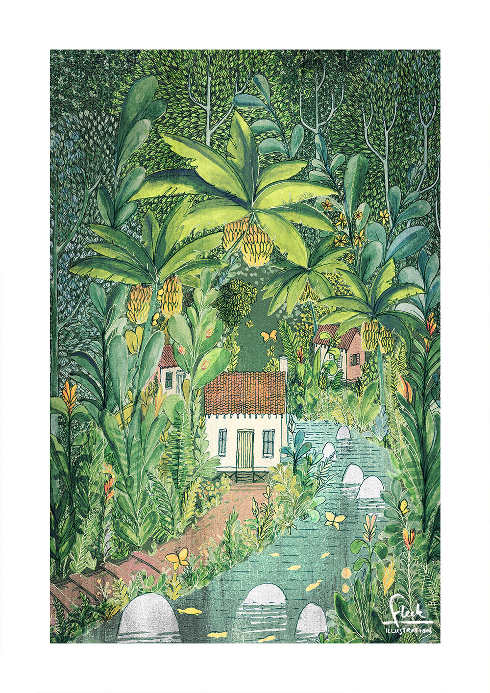 Hand drawn and painted colourful illustration based on One Hundred Years of Solitude, featuring small cabins in dense jungle