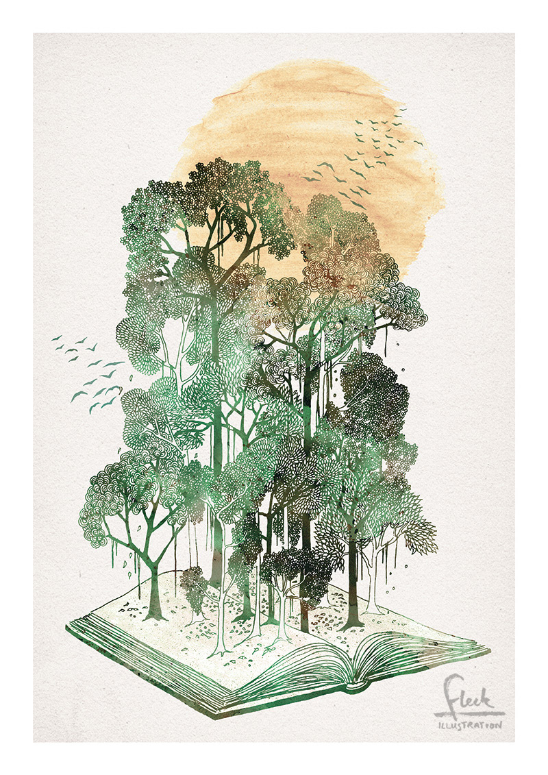 Illustration of dense jungle trees growing out of an open book, with detailed drawing and watercolour