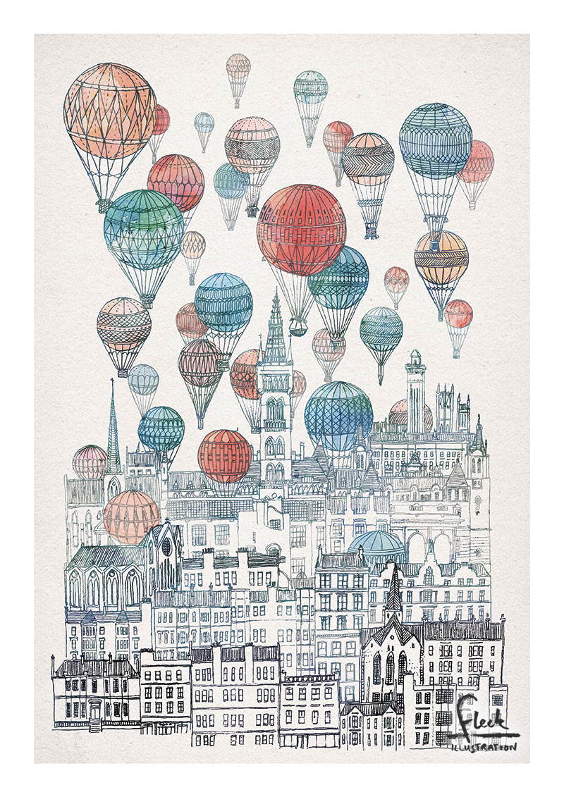 Detailed illustration with watercolour, of hot air balloons over the city of Glasgow