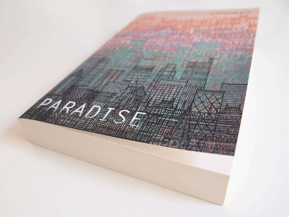 Cover illustration for the book Paradise, featuring detailed city illustration