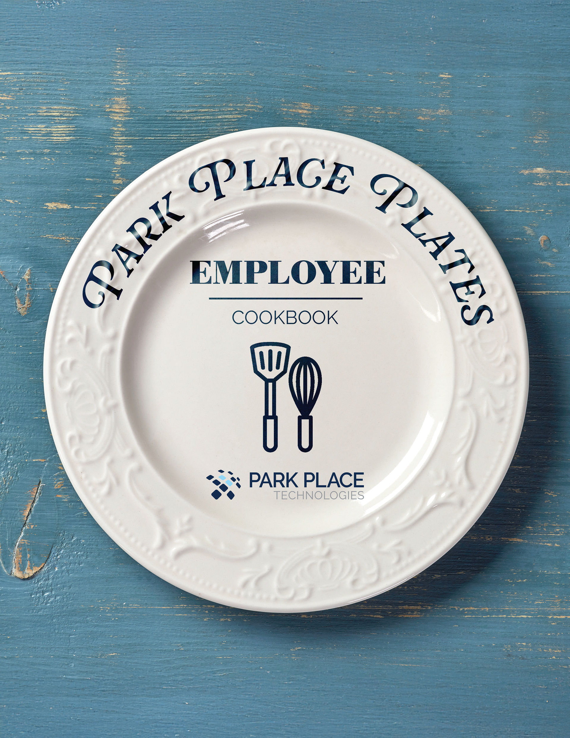 Employee cookbook cover. Plate image from Adobe Stock.