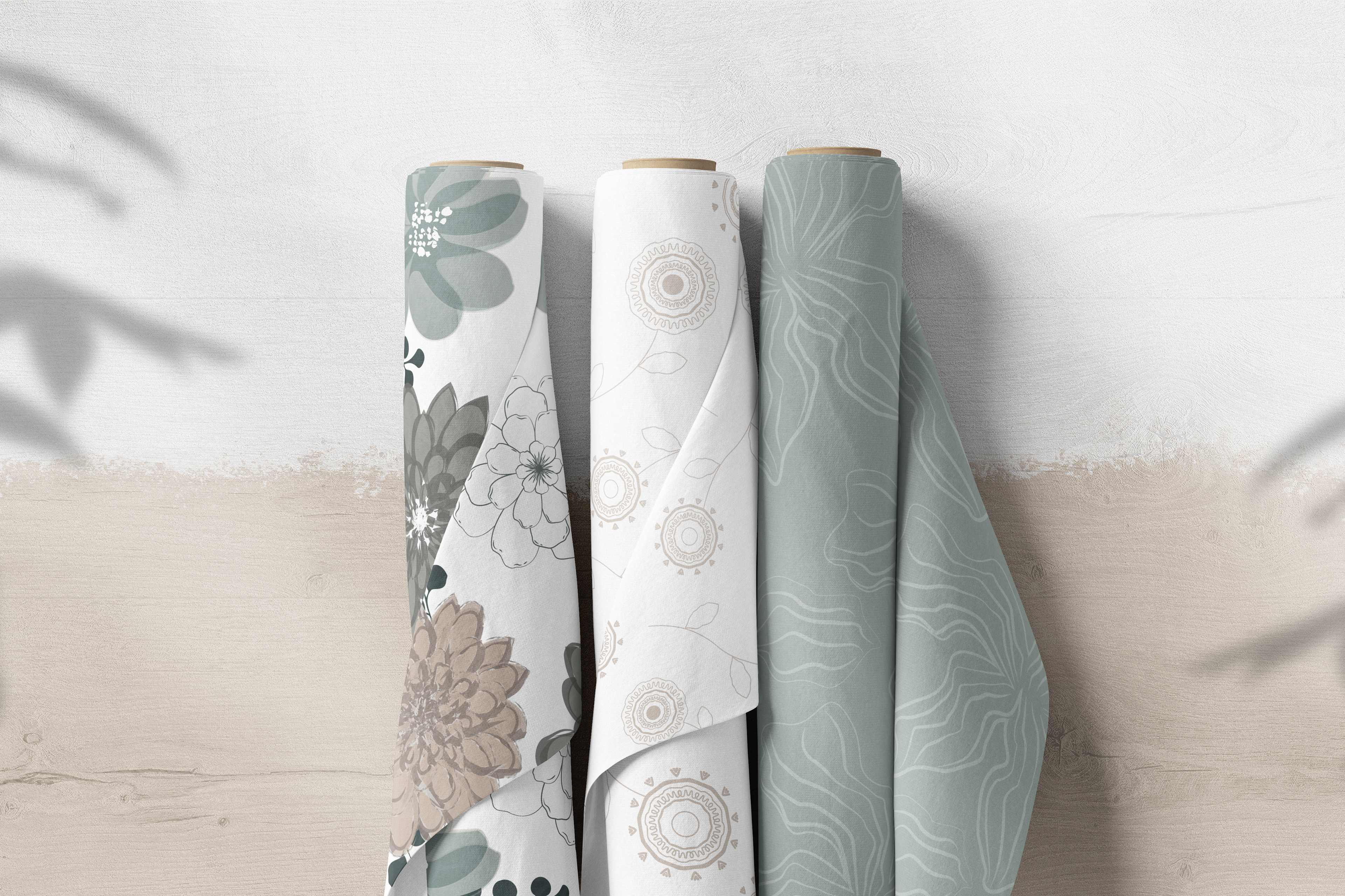 Fabric showcasing Blooming Blossoms, Soft Spoken, and Thoughtful.
