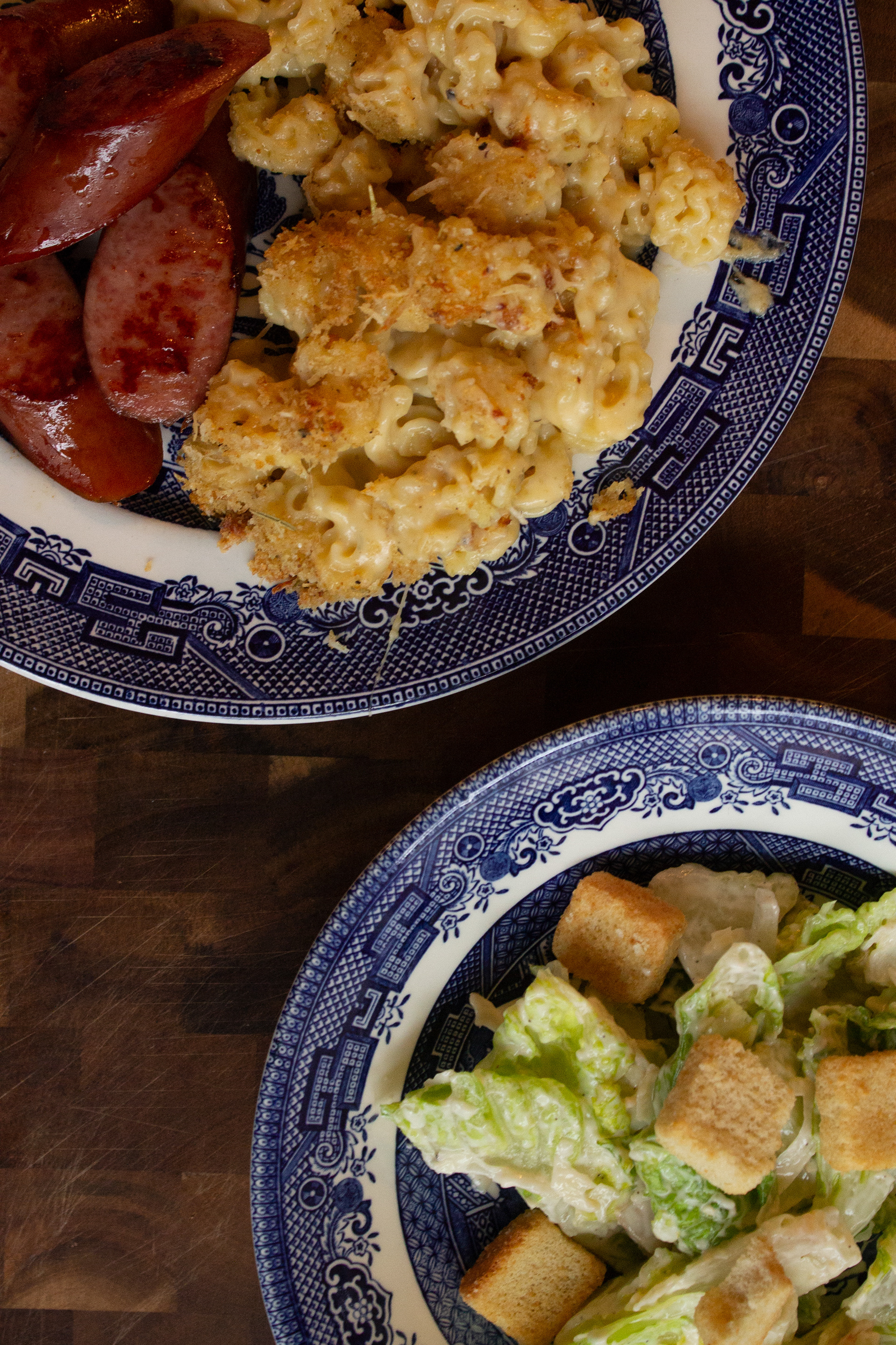 Mac and Cheese with Kielbasa and Caesar Salad