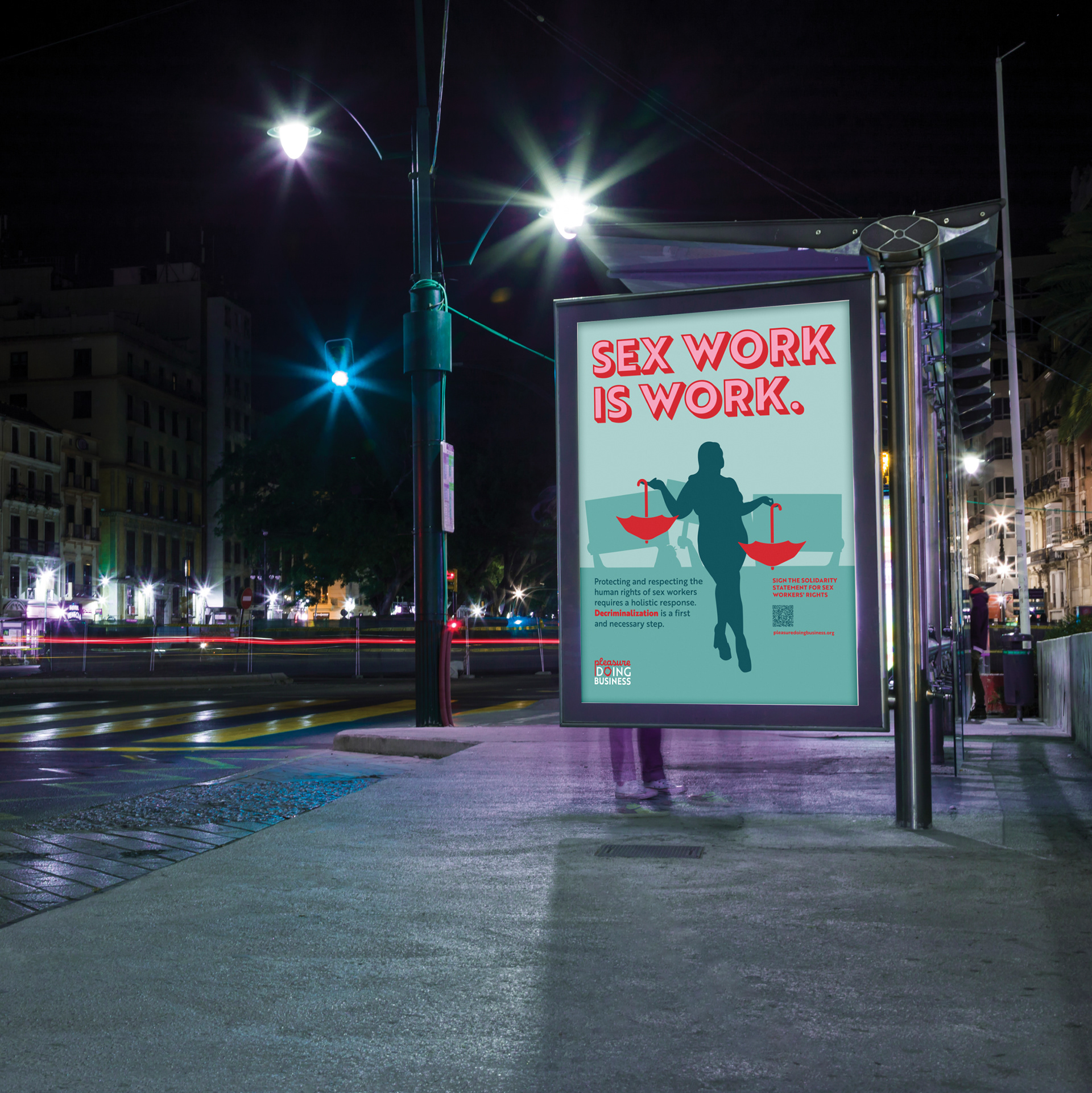 Pleasure Doing Business bus stop advertisement.