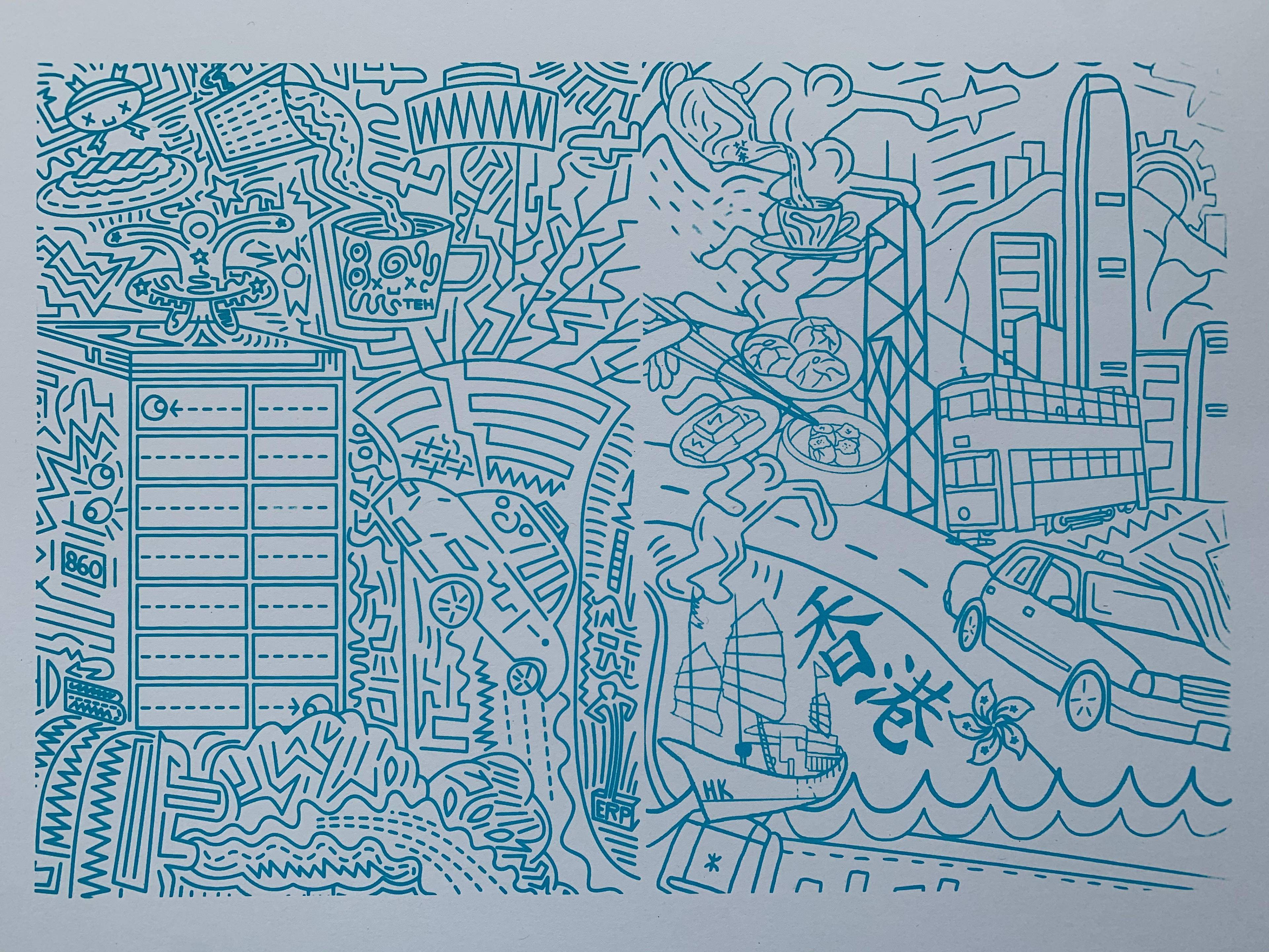 Completed screen print of Singapore and Hong Kong