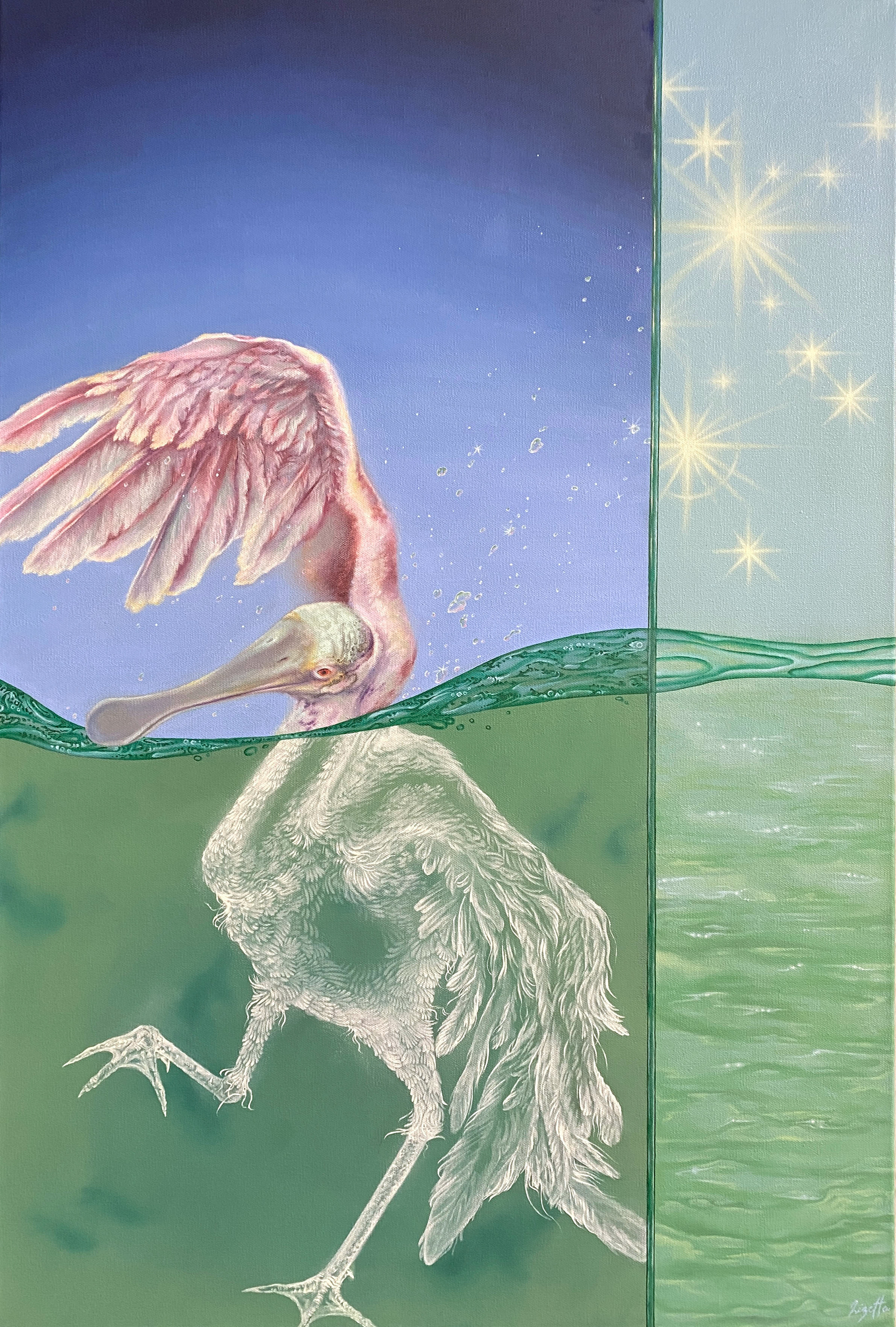 A painting of a Roseate Spoonbill by artist Lizetta Halter-MacInnes. The spoonbill appears to be swimming in water, and the half visible beneath the water is rendered as if it is a ghost: pale, white, and translucent.