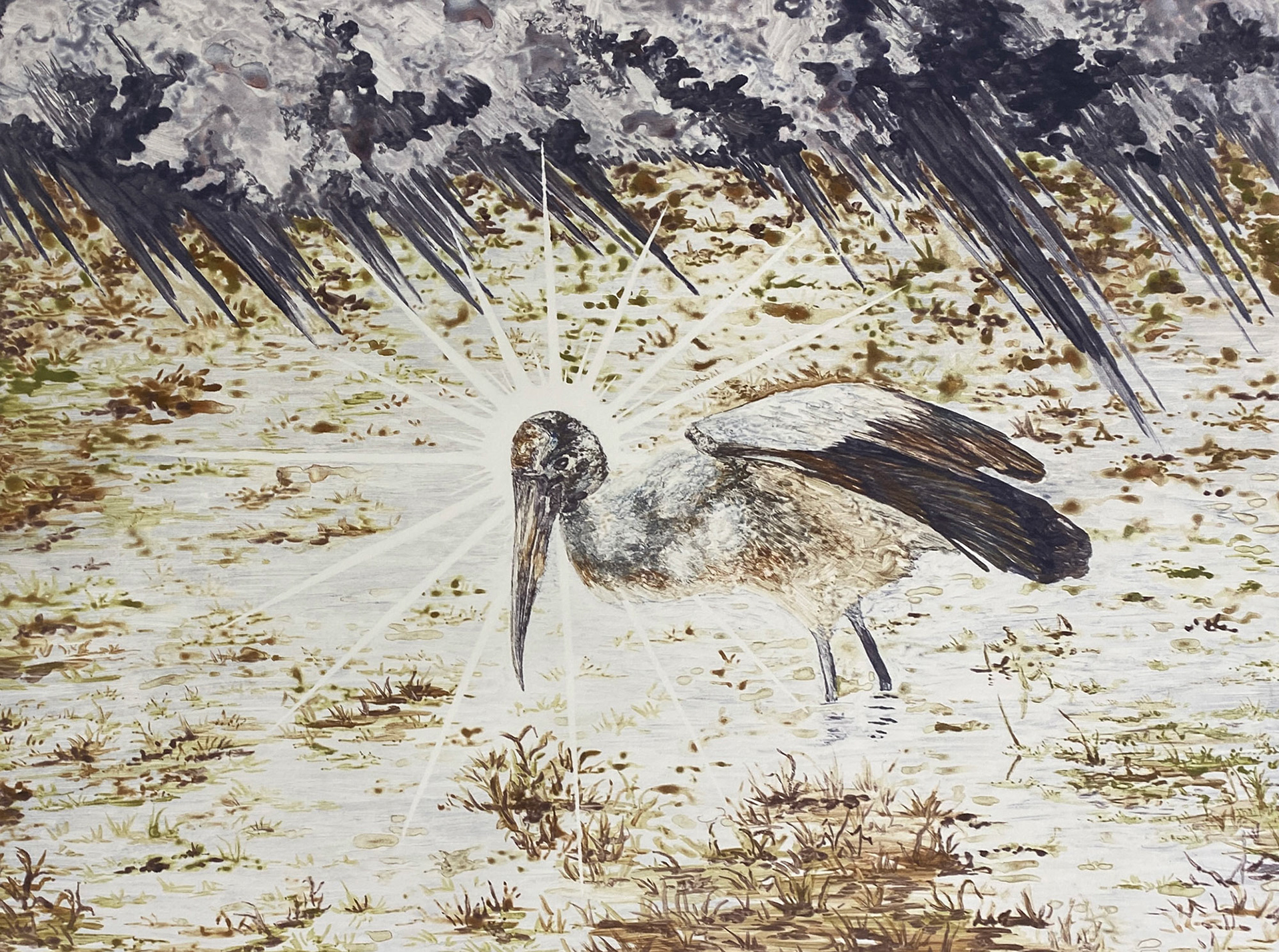 A watercolor monotype painting of a bird. A wood stork walks through the marsh, beneath an abstractly flattened cloudy sky. Behind the wood stork's head is a sparkling halo of negative space, giving it a divine appearance. 