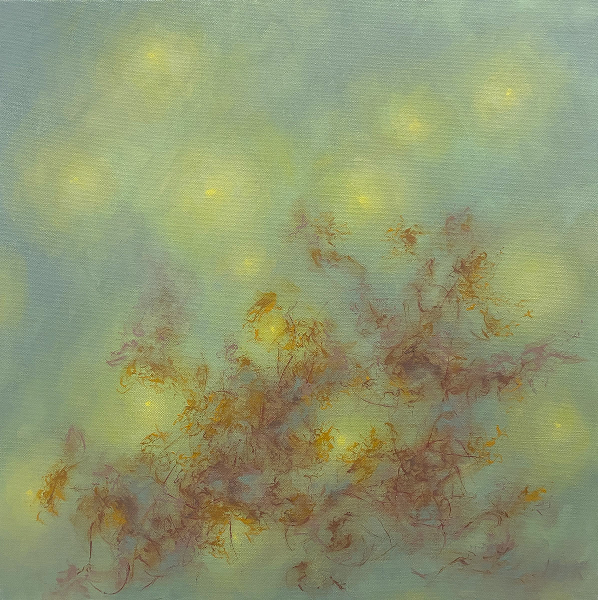 An abstract oil painting of the greek concept of the Aether (alternate spelling Ether). The painting is hazy green and blue, with little specks of yellow light shown as if seen through fog or water. Orange and red tendrils, resembling abstracted fleur de lis, appear to float, as if in water, in the hazy green blue space.