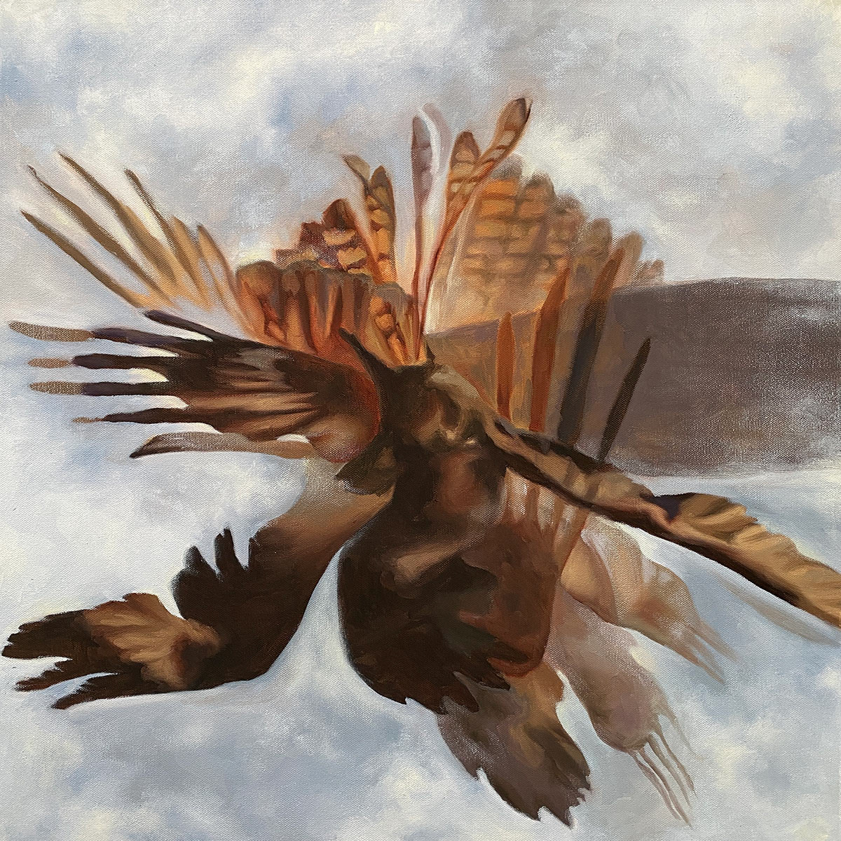 An oil painting of a bird in motion, titled Bird in Motion. The painting shows a hawk at various angles, all layered over each other so that it looks like a mass of movement. The painting is primarily warm brown, red, golden, and cloudy blue grey. The painting is by artist Lizetta Halter-MacInnes