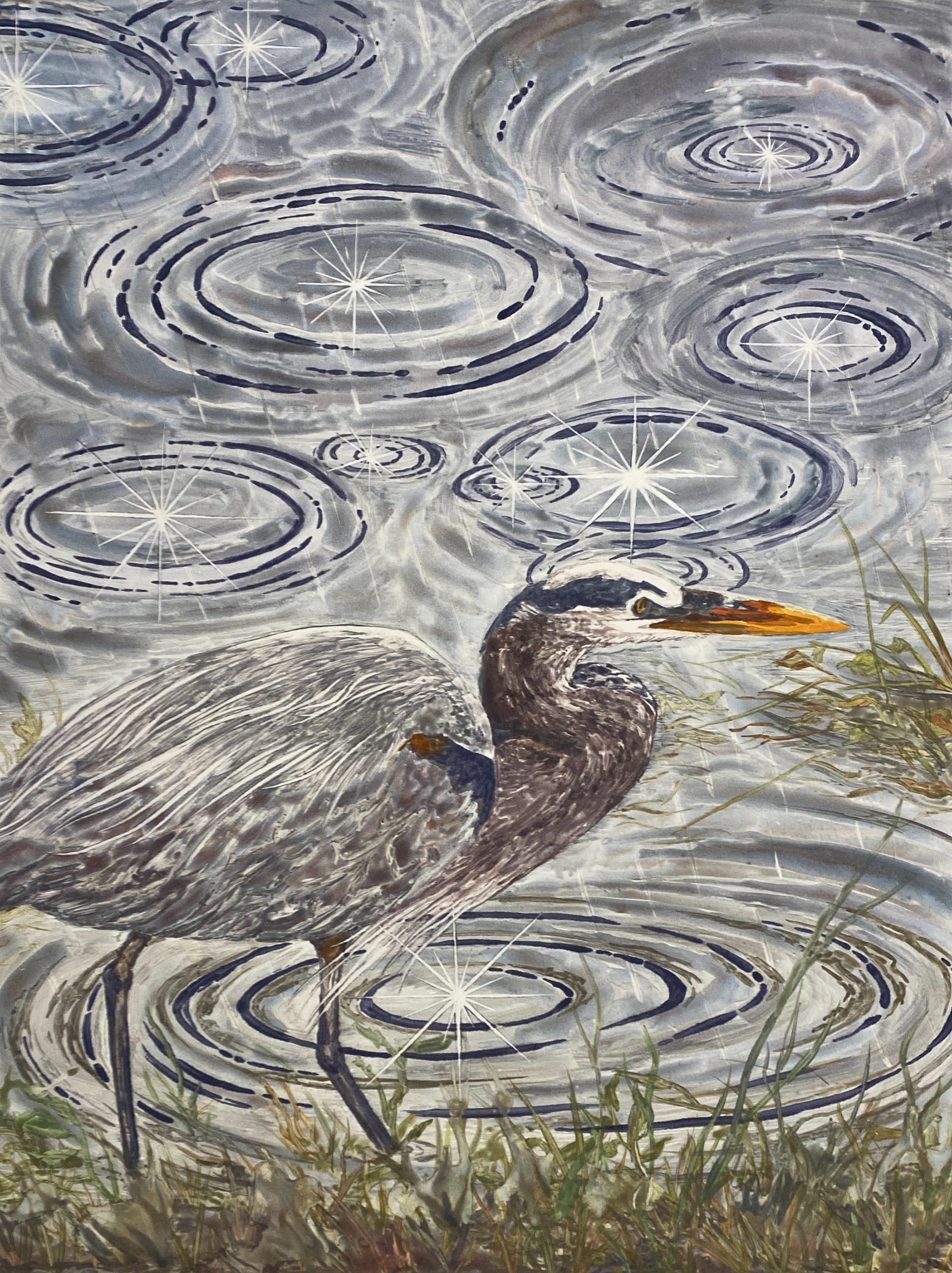 This is a watercolor monotype painting of a bird. A Great Blue Heron walks in a pond rippling with rain. The point where each rain drop hits the water is emphasized by a large star-like sparkle shape. The heron is facing right. Marsh grass lines the bottom of the painting.
