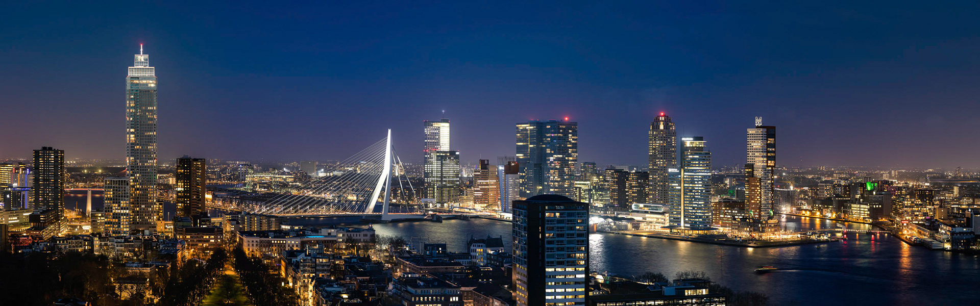View on the skyline of Rotterdam during blue hour
