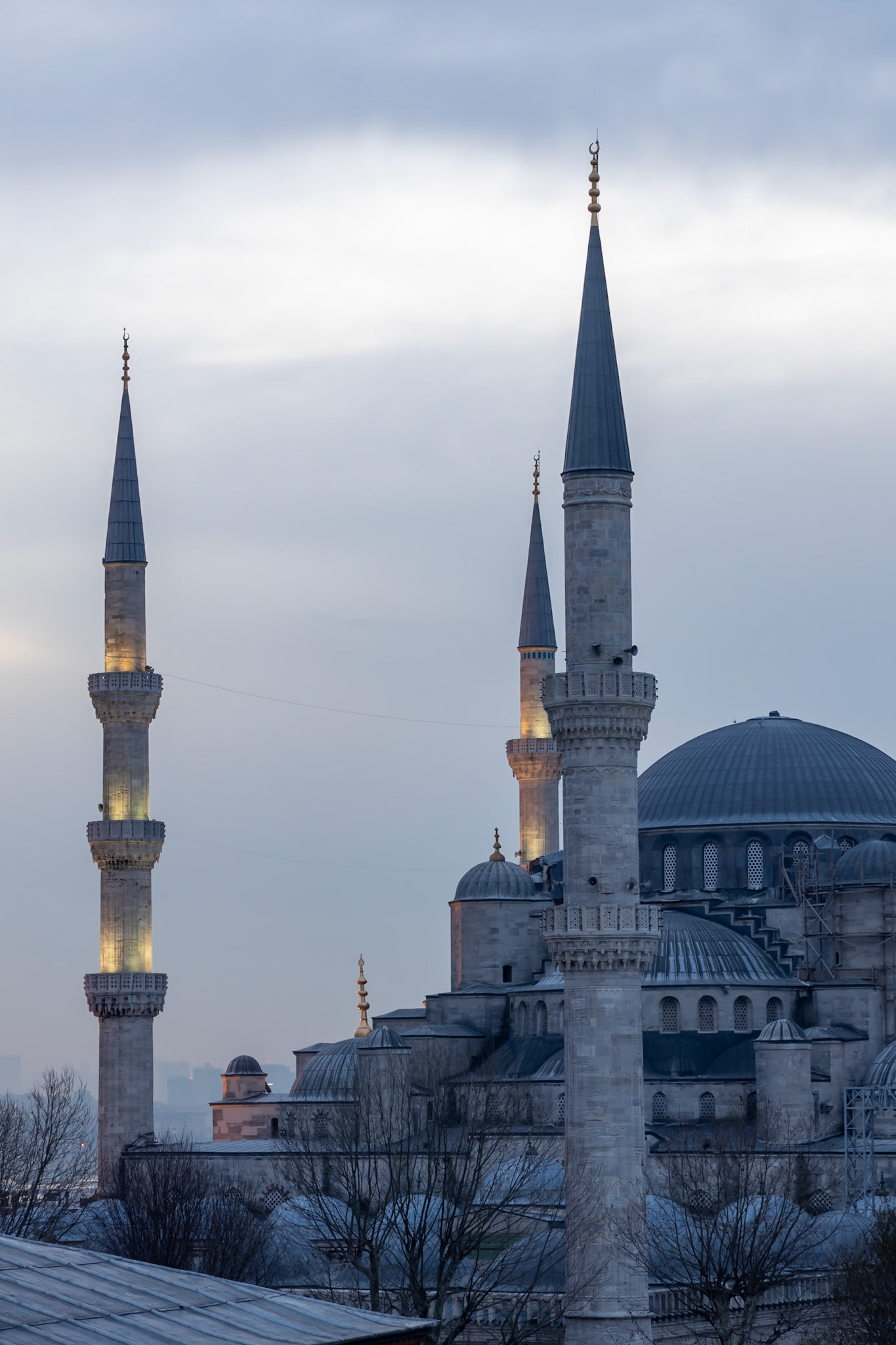 View on three of the six minarets of the Blue Mosque in Istanbul. Built by Sultan Ahmet I in 1603-1617.