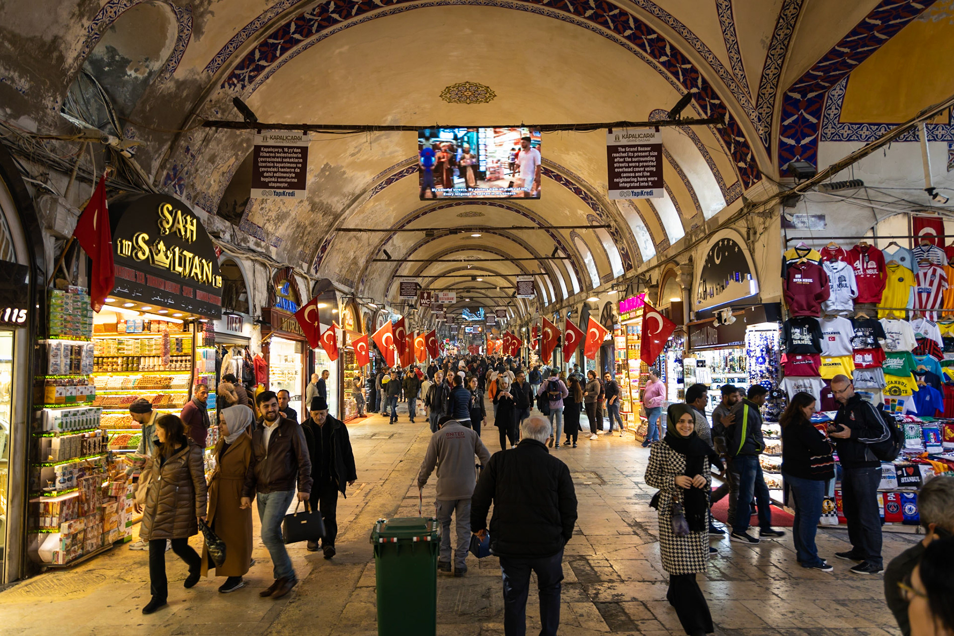 Istanbul, Turkey - March 5 2020: One of the many covered shopping streets in the Grand Bazaar, located in the old city center of Istanbul.