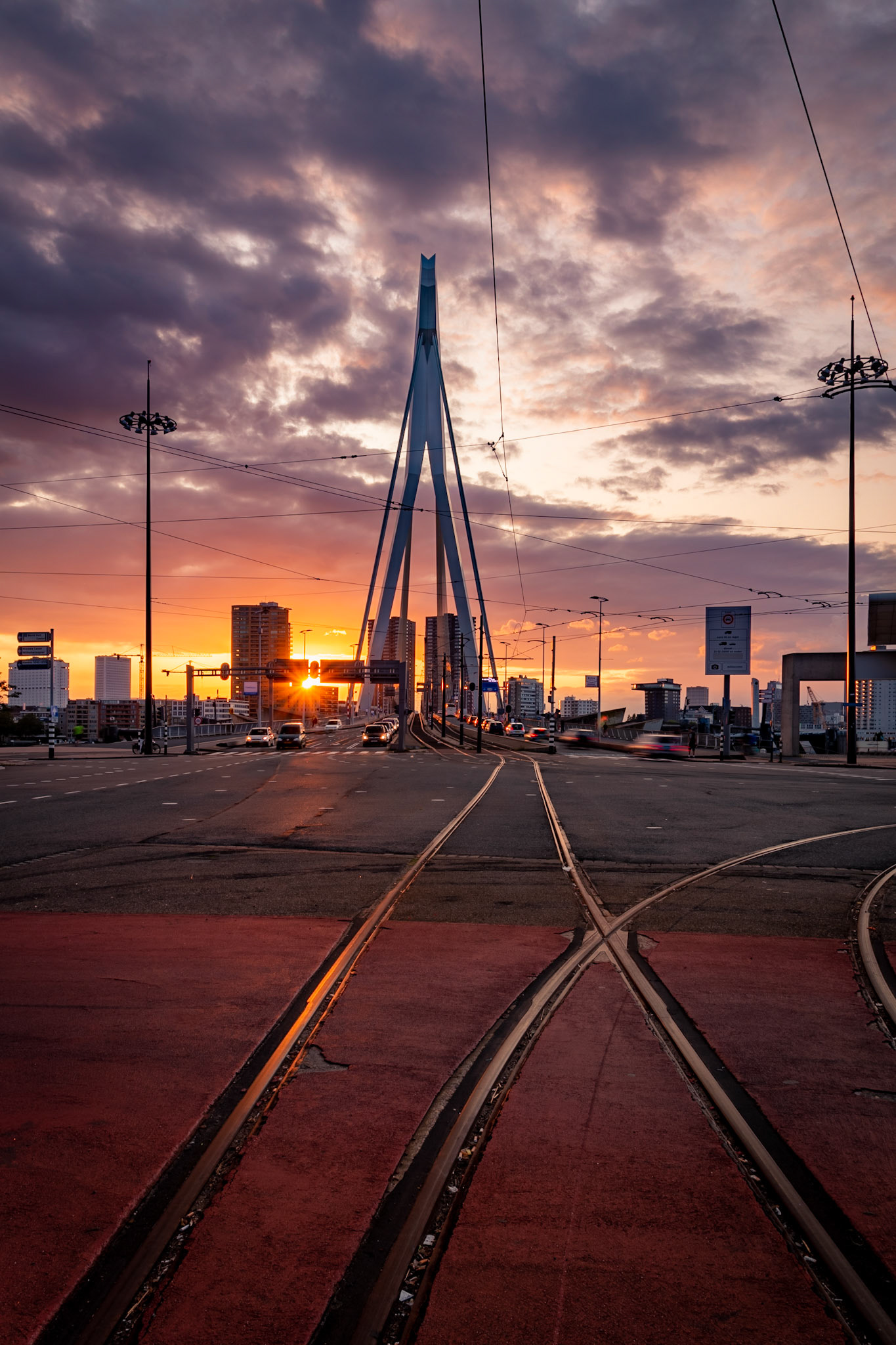 Sunset in Rotterdam, The Netherlands. In frame is the Erasmus bridge, an iconic eyecatcher