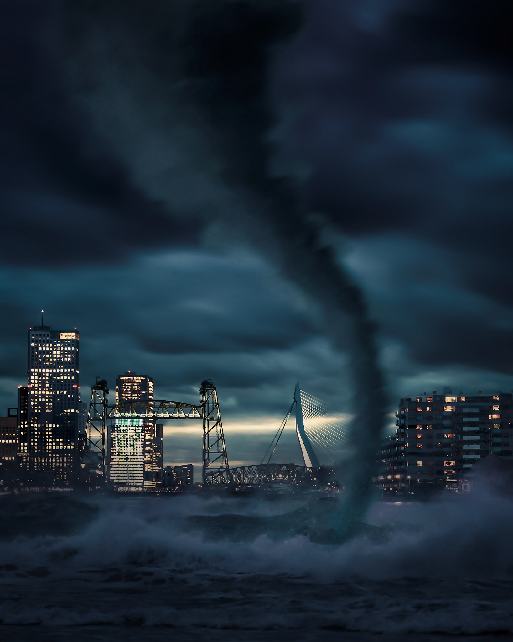 Tornado storm above a river, close to the city of Rotterdam, the Netherlands