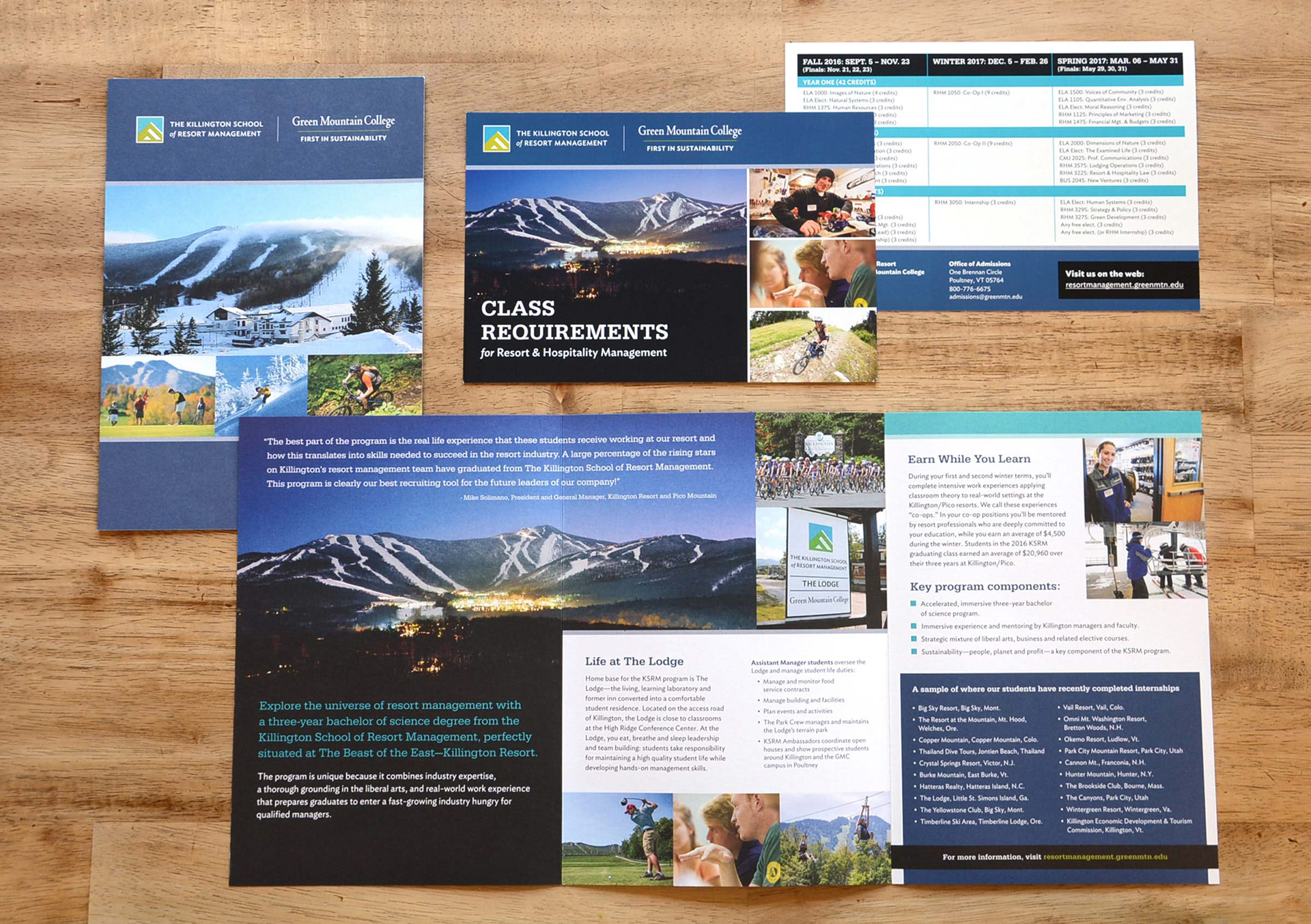 Marketing Collateral for Green Mountain College's Resort Management School, designed by Christina Ryan