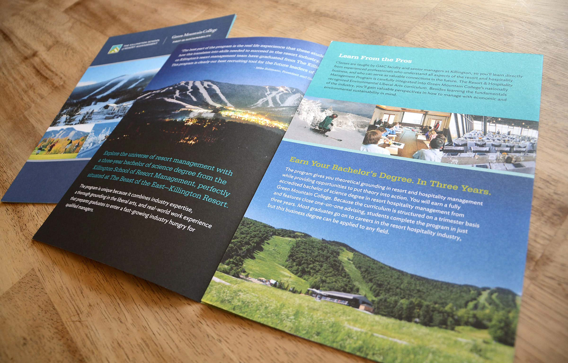 Interior spread from a marketing brochure designed by Christina Ryan for Green Mountain College's Resort Management School