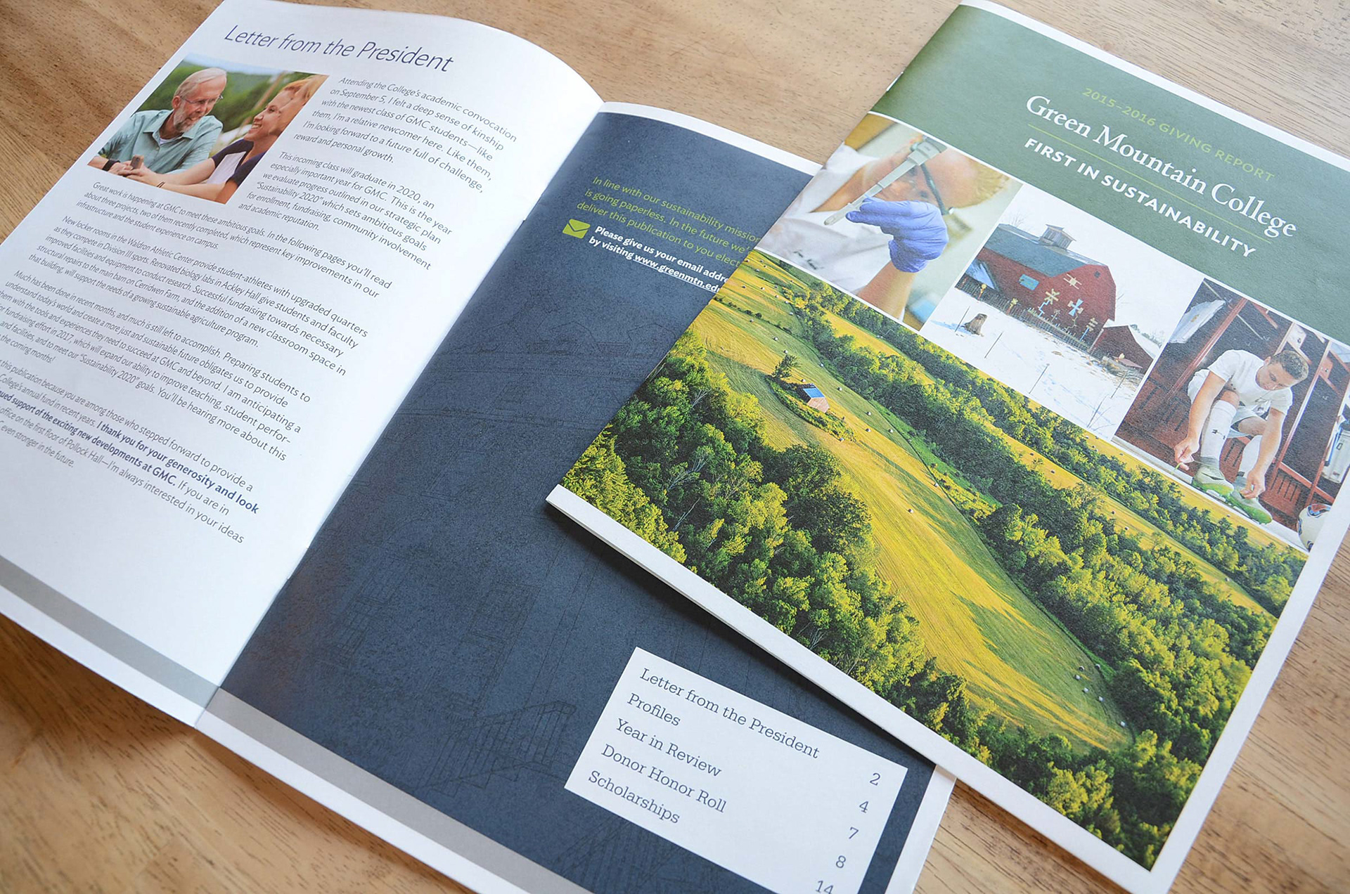 Annual Giving Report for Green Mountain College, designed by Christina Ryan