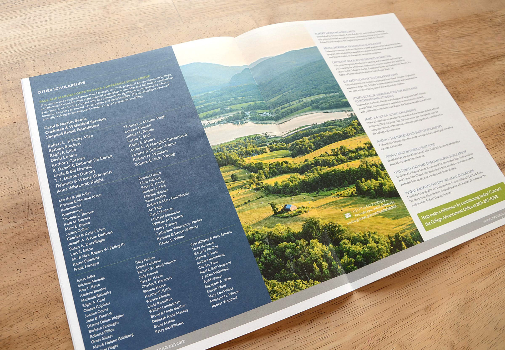 Annual Giving Report for Green Mountain College, designed by Christina Ryan