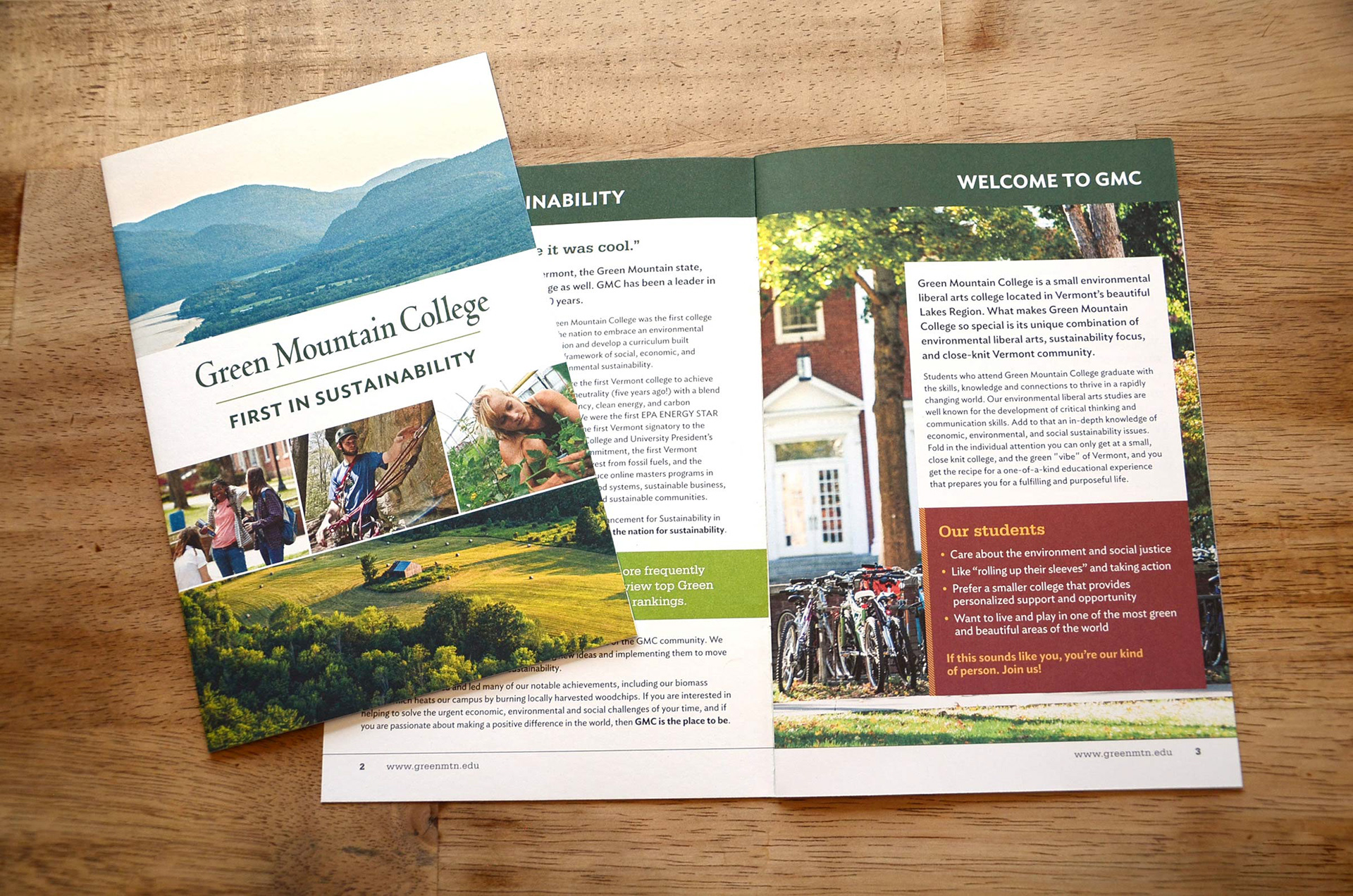 Green Mountain College admissions viewbook designed by Christina Ryan