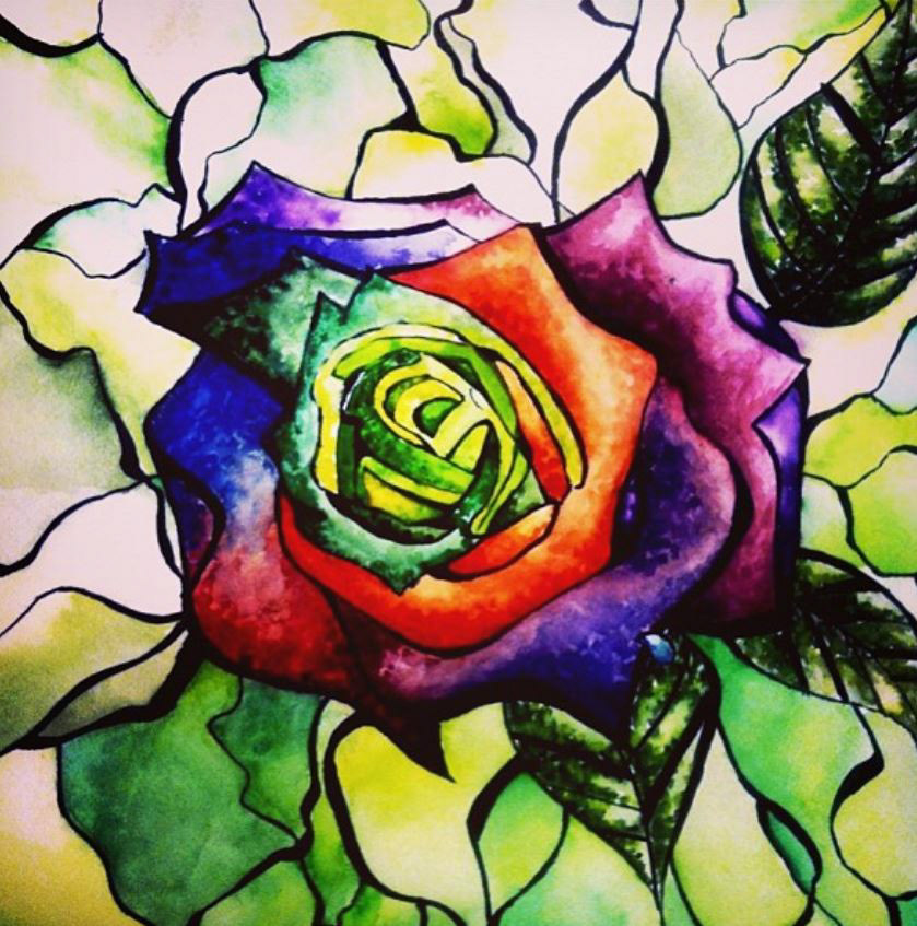 Stained glass style ink and watercolor piece exploring layered transparency and saturation.