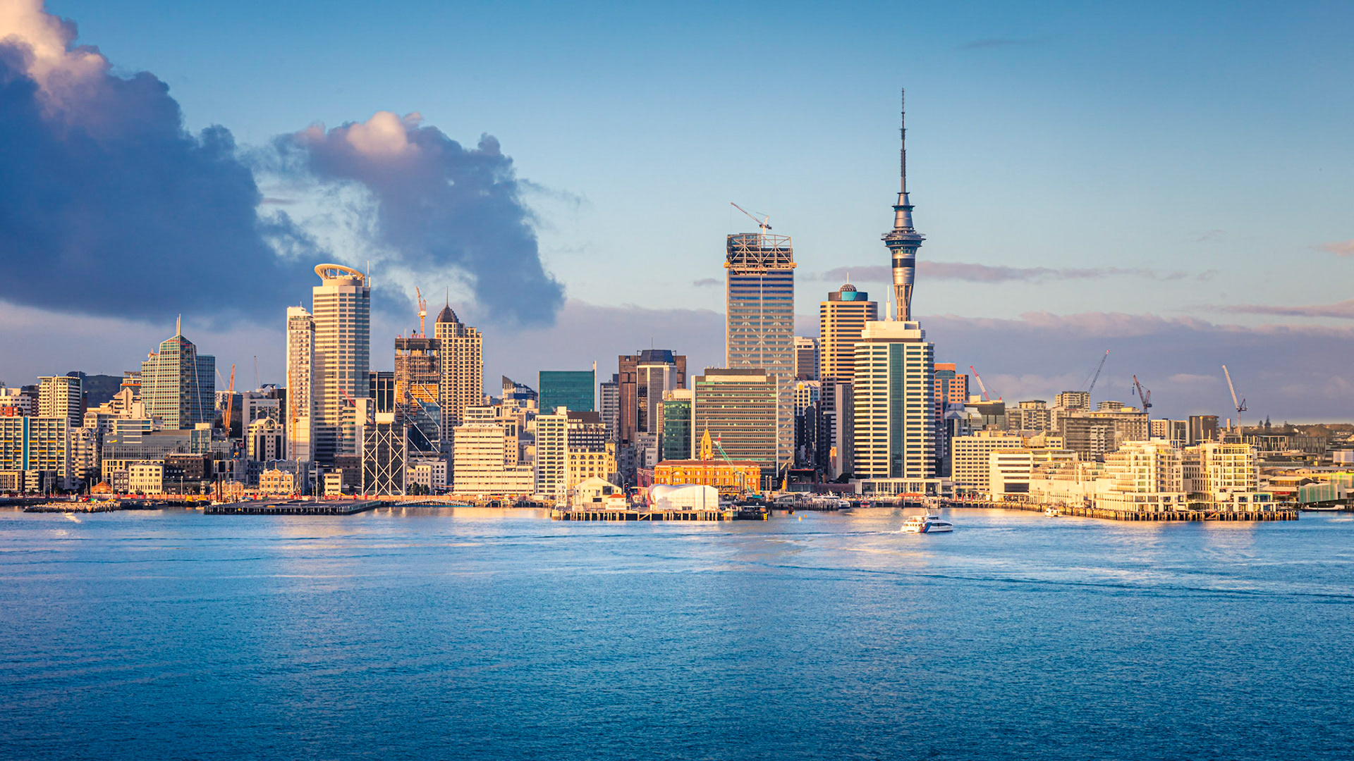 Auckland skyline at sunrise, Auckland, New Zealand