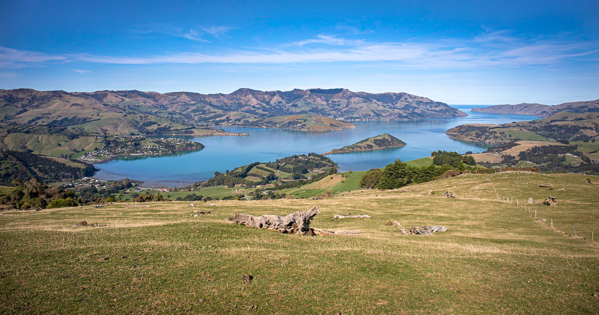 Scenic view of Akaroa Harbour on Banks Peninsula, New Zealand
