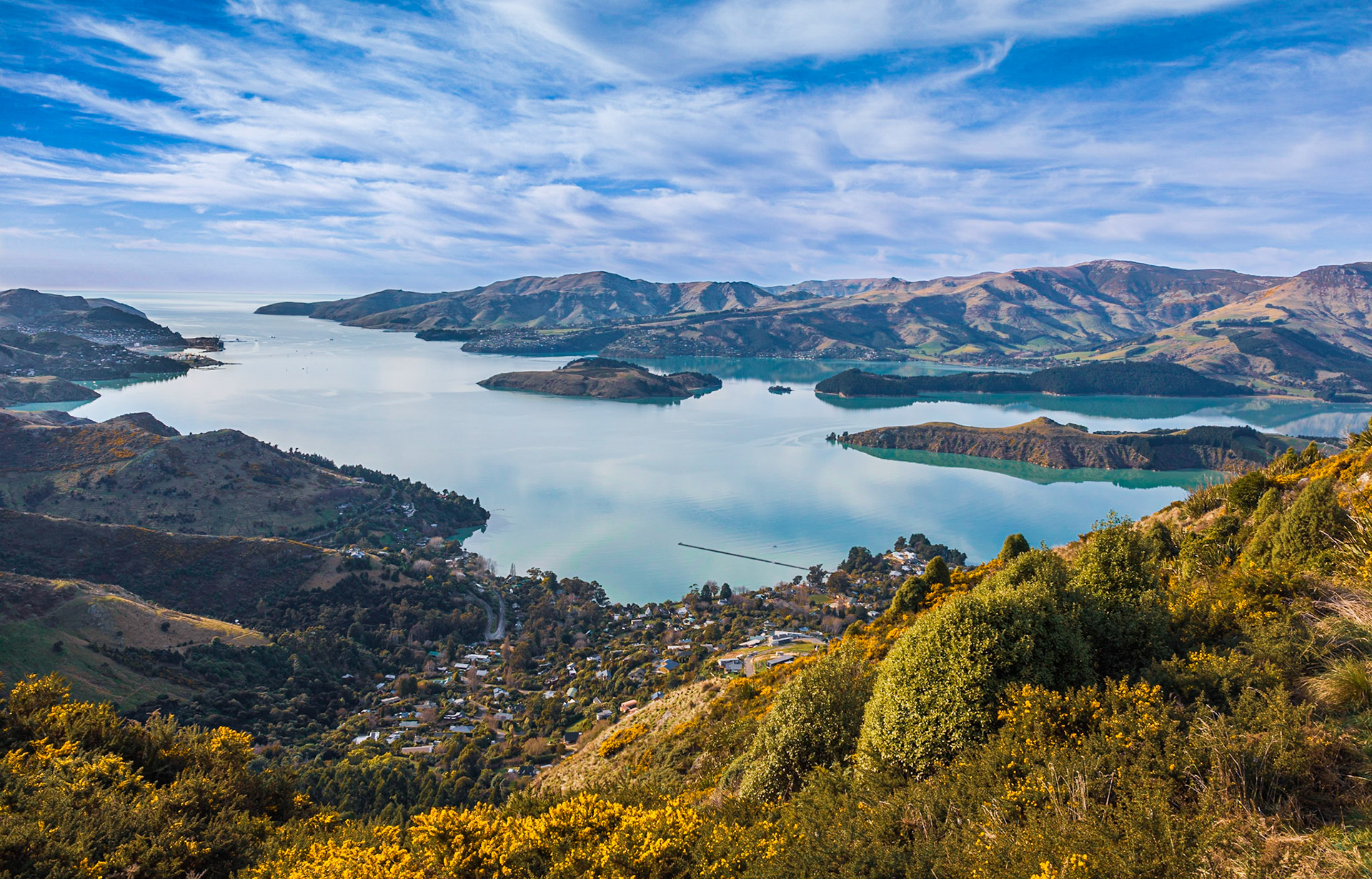 Scenic view of Lyttleton Harbour on Banks Peninsula, New Zealand