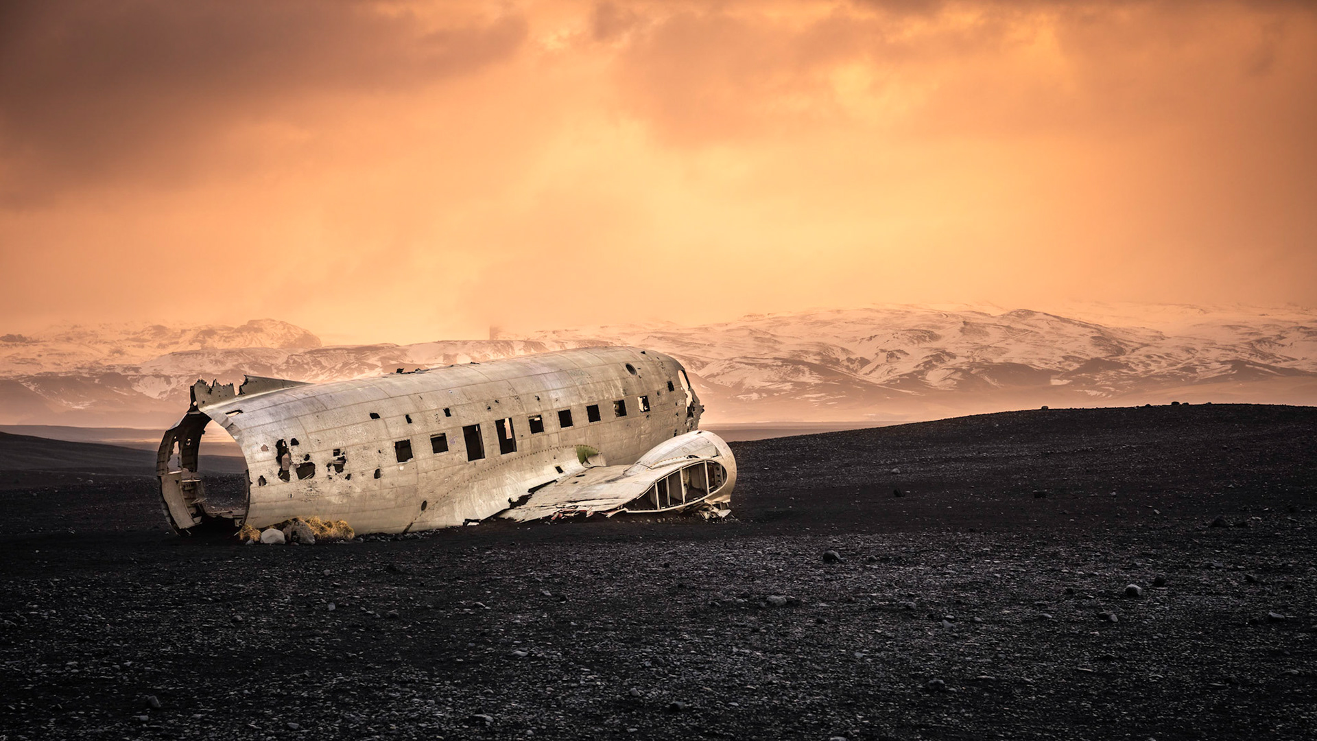 Beautiful winter sunset at Solheimasandur DC-3 plane wreck, South Iceland, Iceland
