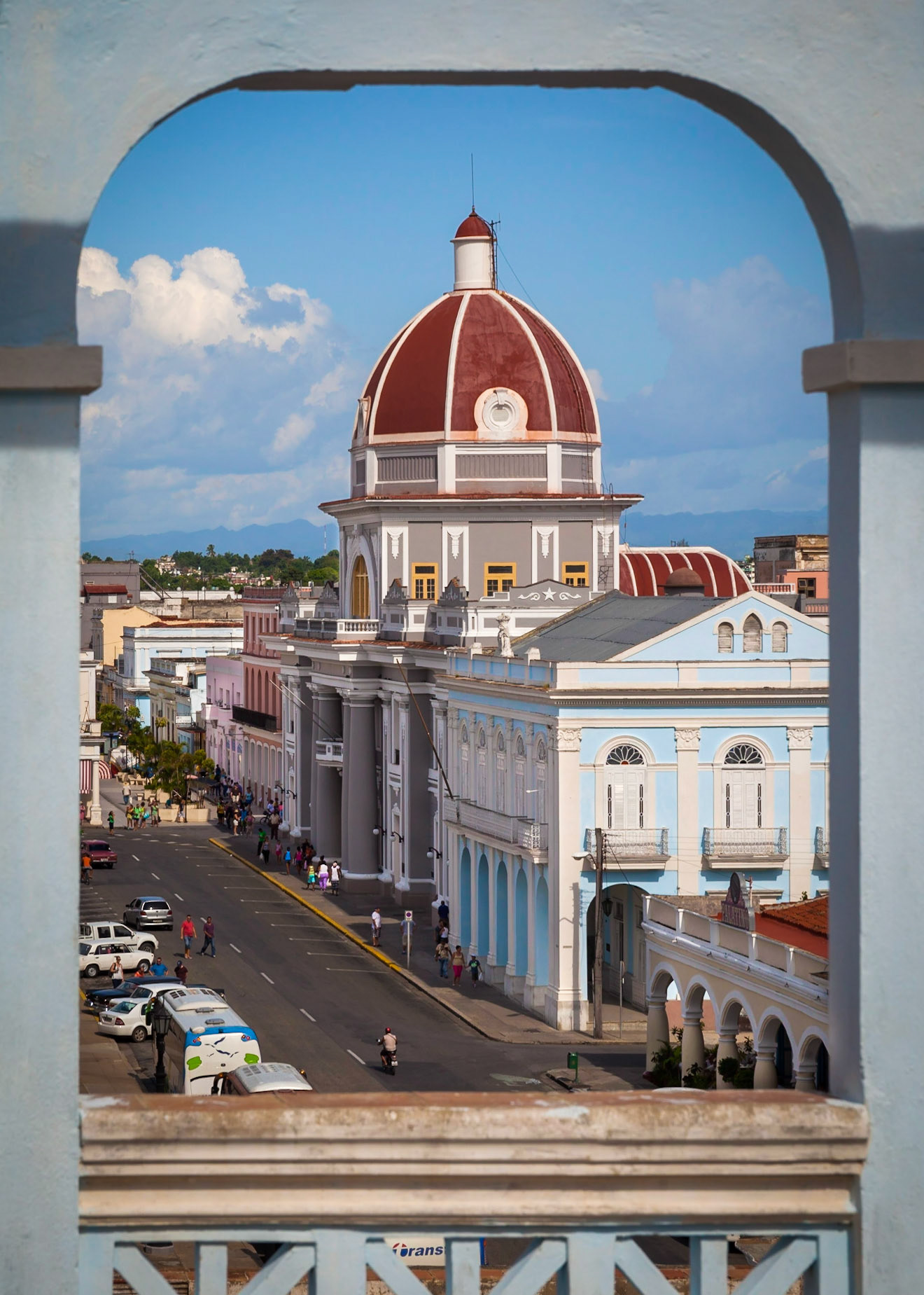 Framed view of Town Hall and Museo Provincial in Cienfuegos, Cuba